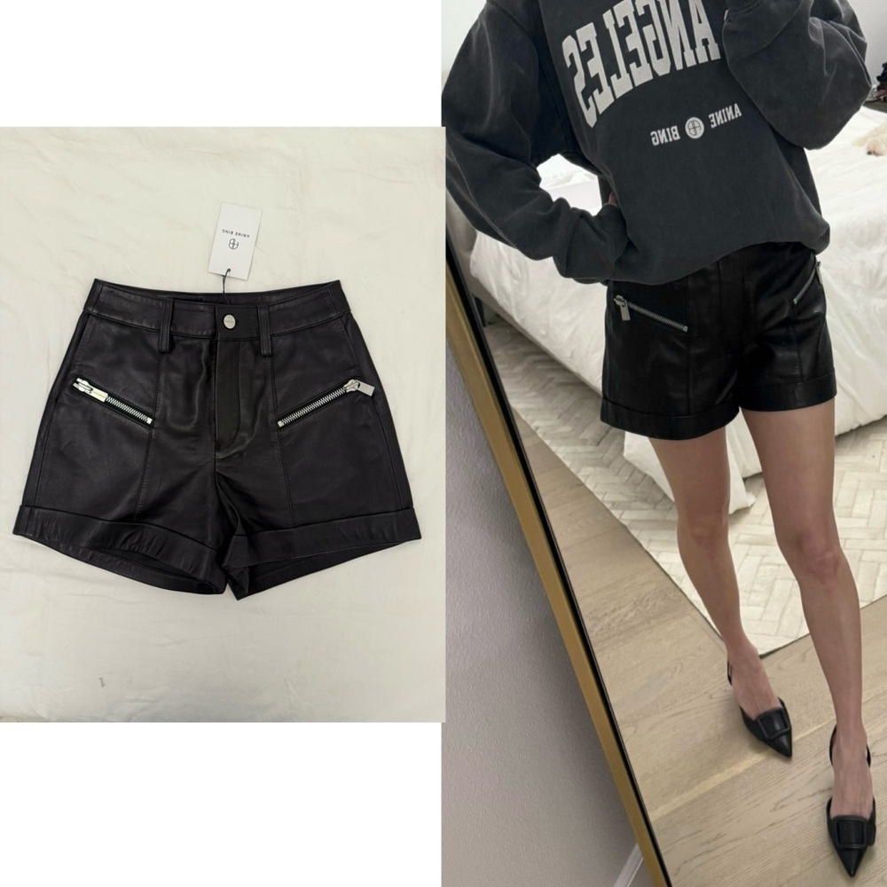 NWT Anine Bing Black Lambskin Leather shorts with silver hardware sz 2, 24/25